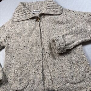 Fisherman Out of Ireland Cardigan Women L Oatmeal Wool Donegal Tweed Sweater